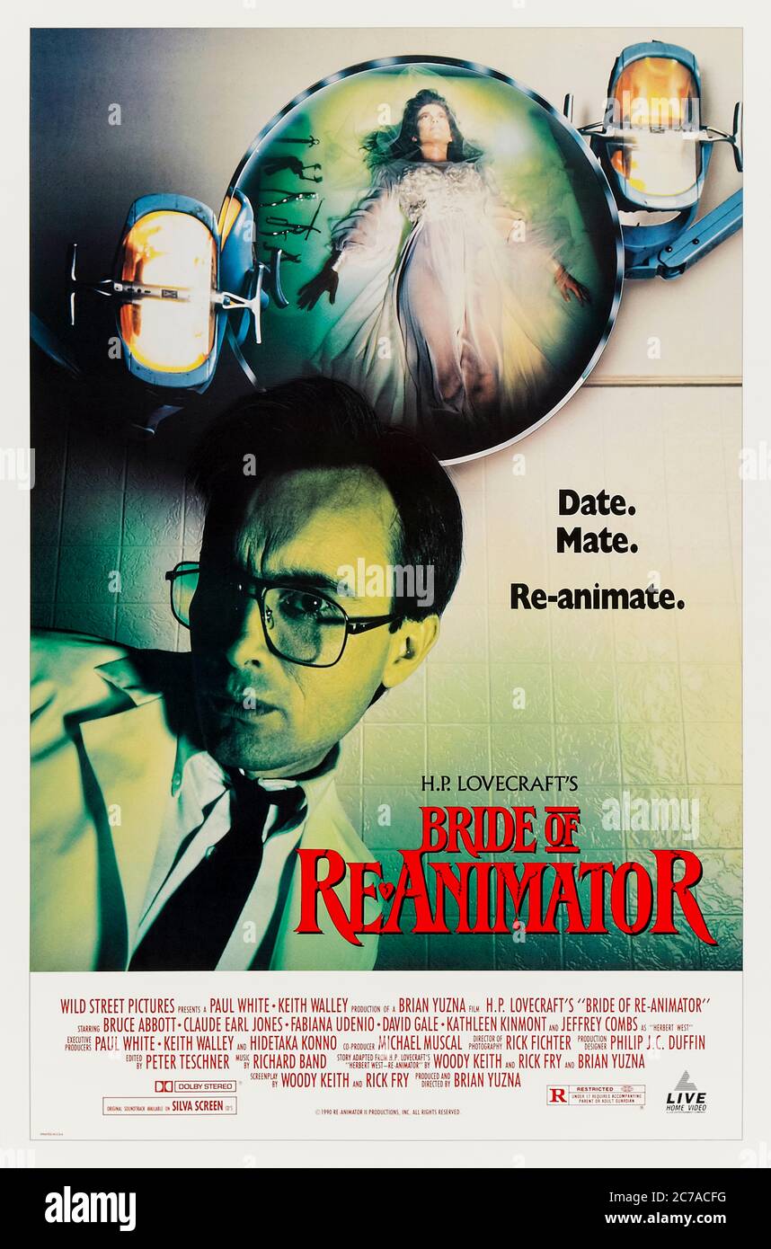 Bride of Re-Animator [Re-Animator 2] (1990) directed by Brian Yuzna and starring Jeffrey Combs, Bruce Abbott, Claude Earl Jones and Fabiana Udenio. Mad scientists use a serum to bring dead flesh back to life and set about creating the perfect woman. Stock Photo
