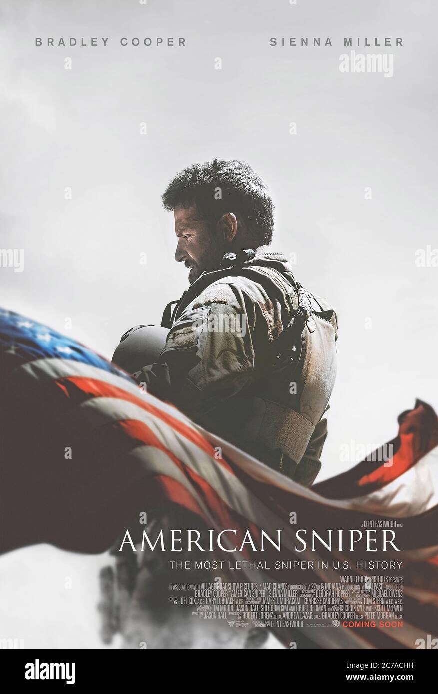 American Sniper (2014) directed by Clint Eastwood and starring Bradley Cooper, Sienna Miller and Kyle Gallner. Bio pic about legendary Navy S.E.A.L. sniper Chris Kyle who served 4 tours in Iraq and was one of the war's most deadly snipers. Stock Photo