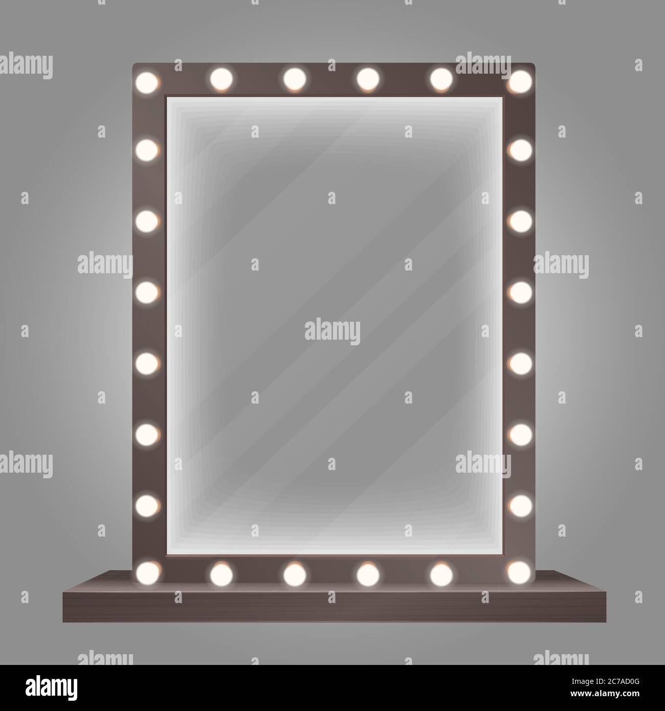 Mirror in frame with bulb lights. Makeup mirror vector illustration Stock Vector