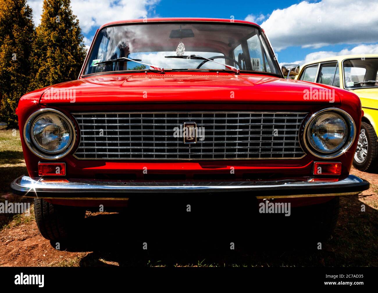 Front of red Soviet Lada passenger car displayed during annual Lilac festival in Dobele. Stock Photo