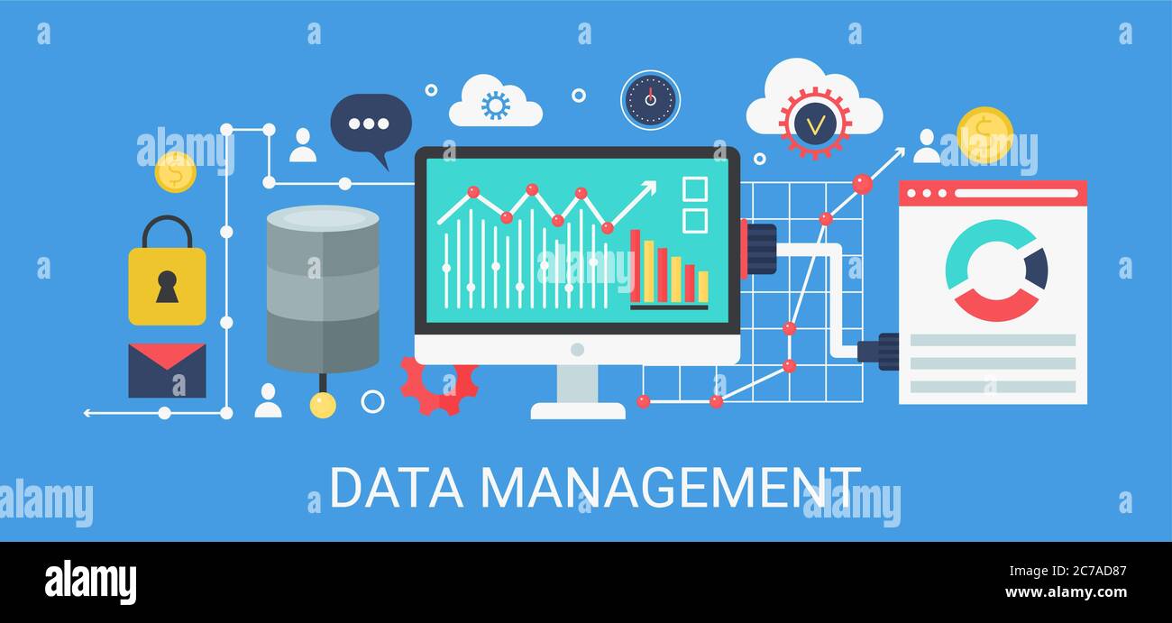 Flat modern vector concept Data management banner with icons and text Stock Vector