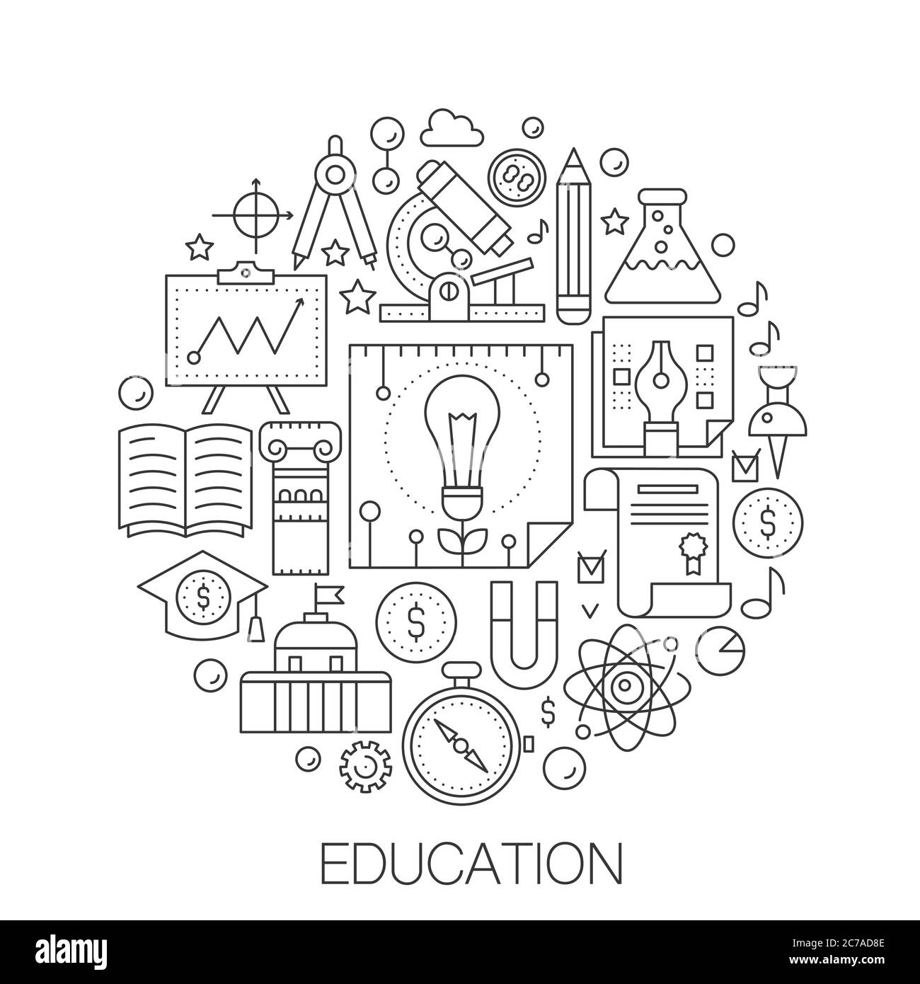 Education in circle - concept line illustration for cover, emblem, badge. School university education thin line stroke icons Stock Vector
