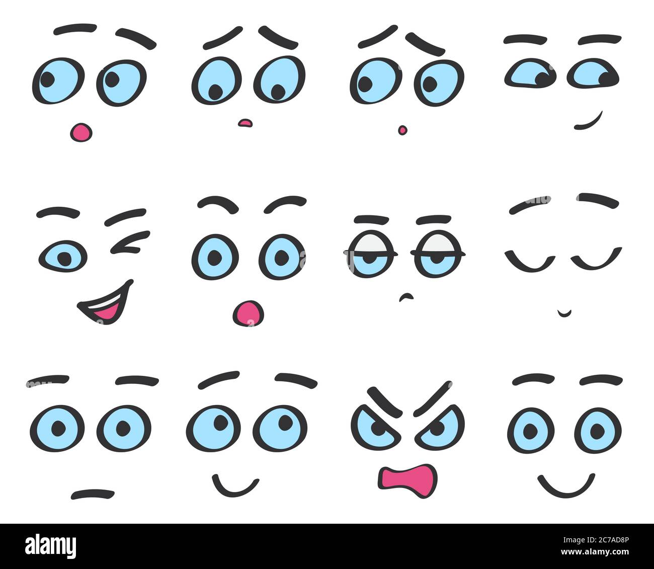 Vector color line emoji cartoon faces set. Funny avatar emotions isolated Stock Vector