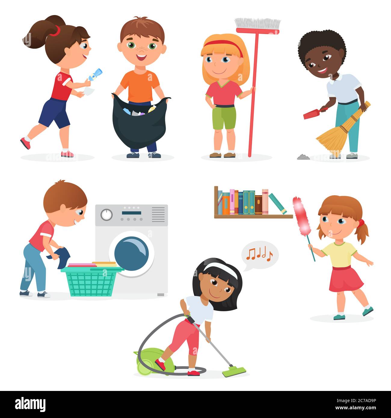 Vector Cartoon kids cleaning at home set. Children in various cleaning positions Stock Vector