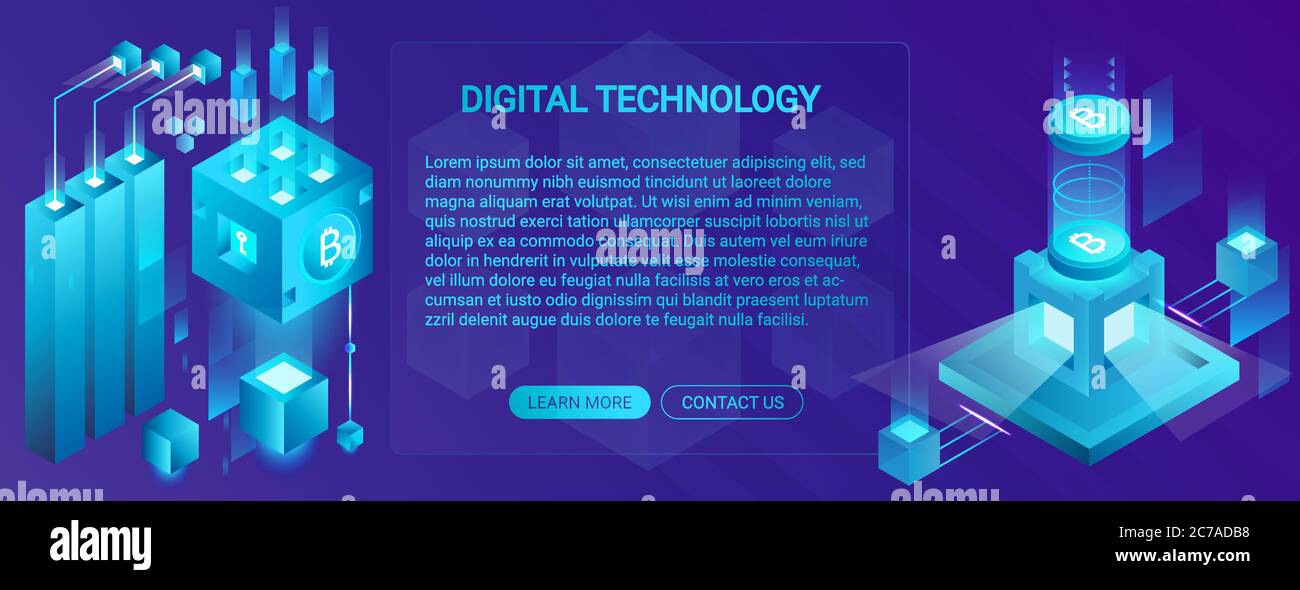 Cryptocurrency, ico and blockchain banner concept, data powered center, cloud data storage, offering technology vector illustration. Web design, presentation isometric banner Stock Vector
