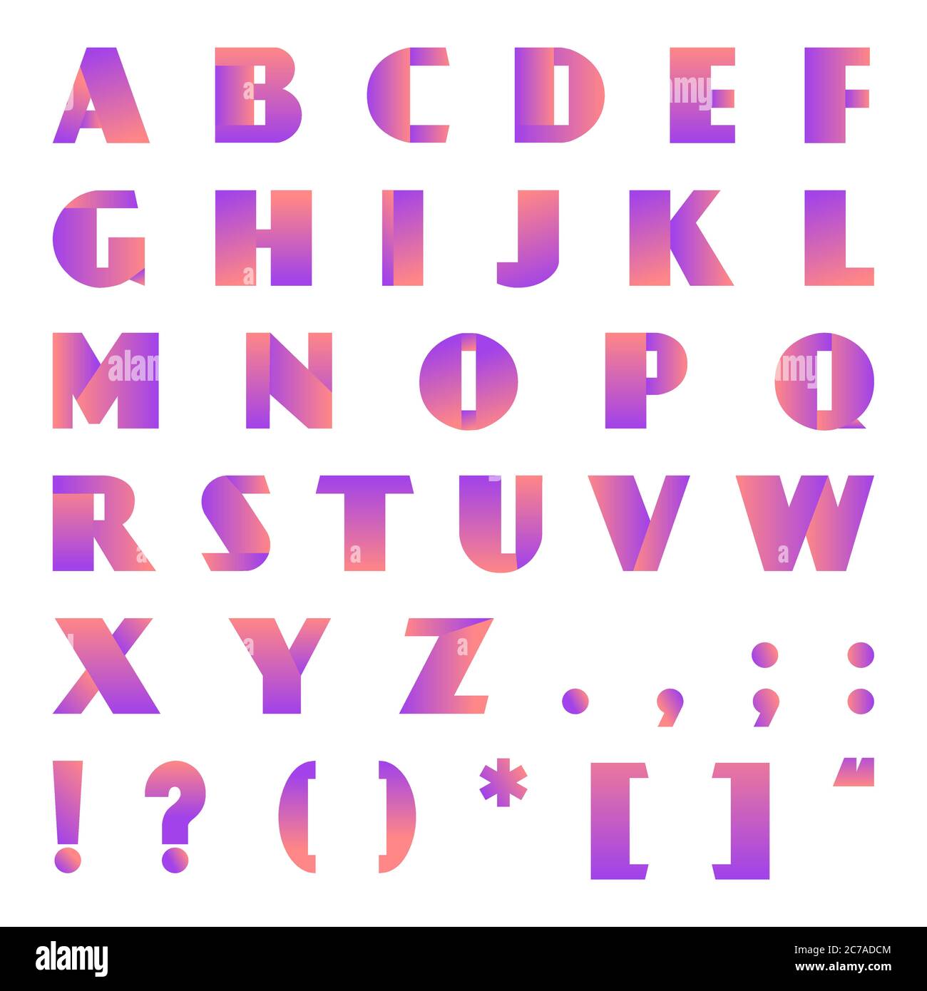 Creative modern bright gradient font. Vector alphabet with orange violet gradient effect letters Stock Vector