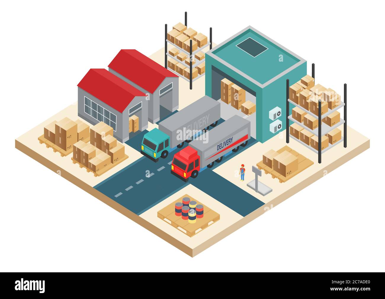 Vector isometric transportation logistic concept. Distribution service Concept. Warehouse storage and distribution company Stock Vector