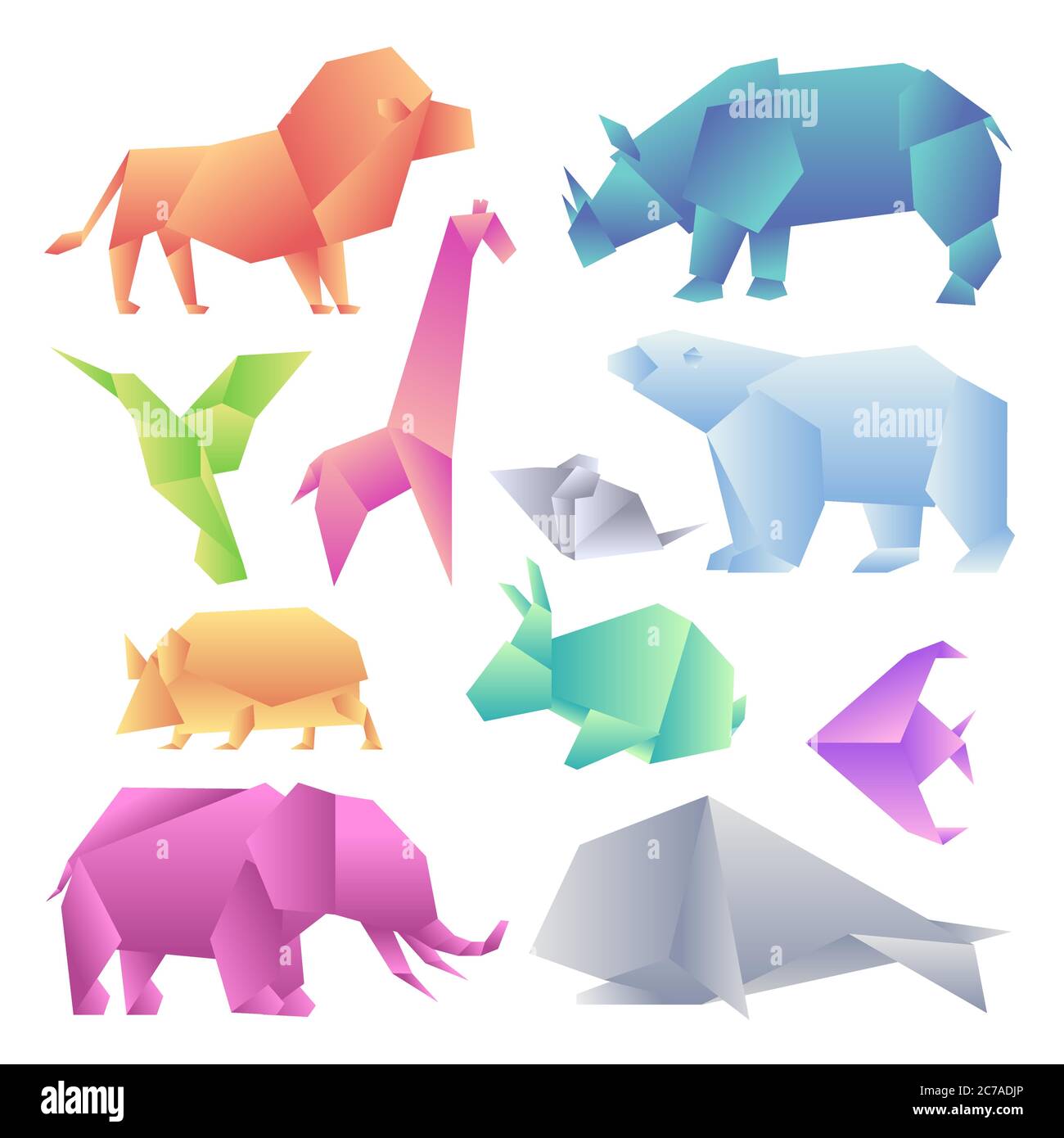 Low poly modern gradient animals set. Origami gradient paper animals. Lion rhino hummingbird giraffe mouse bear hedgehog hare fish elephant whale Stock Vector