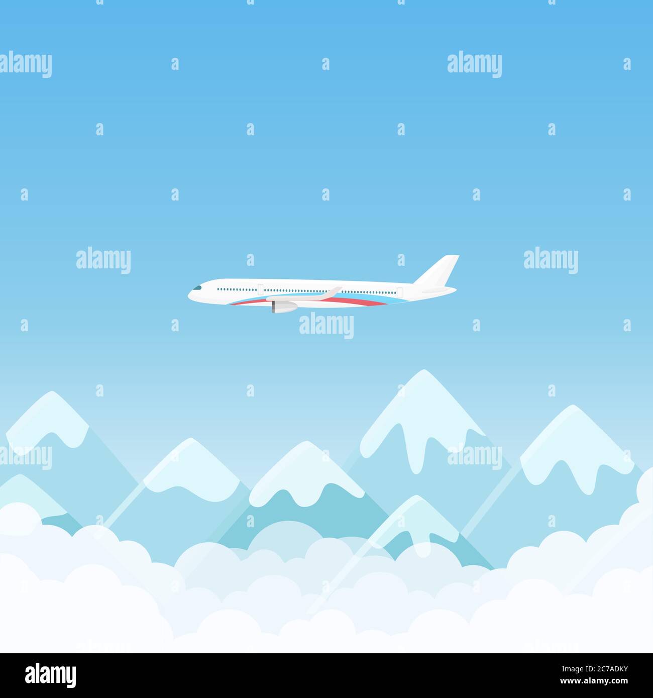 Flat travel banner with aircraft with mountains in clouds vector illustration Stock Vector