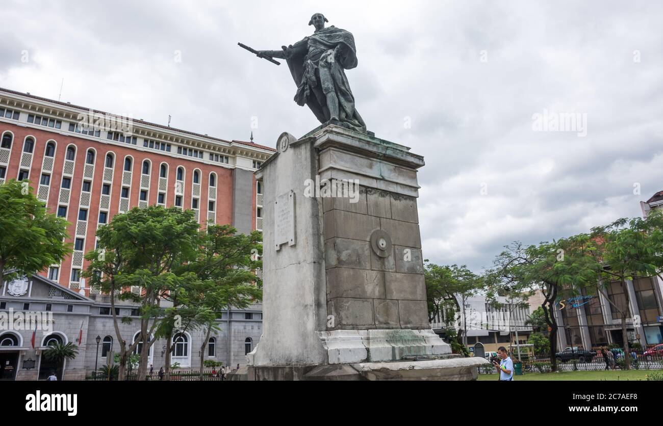 Manila, Philippines - January 11, 2017: King Charles IV of Spain Monument In Plaza De Roma infront of Manila Cathedral, Intramuros area of Manila Stock Photo