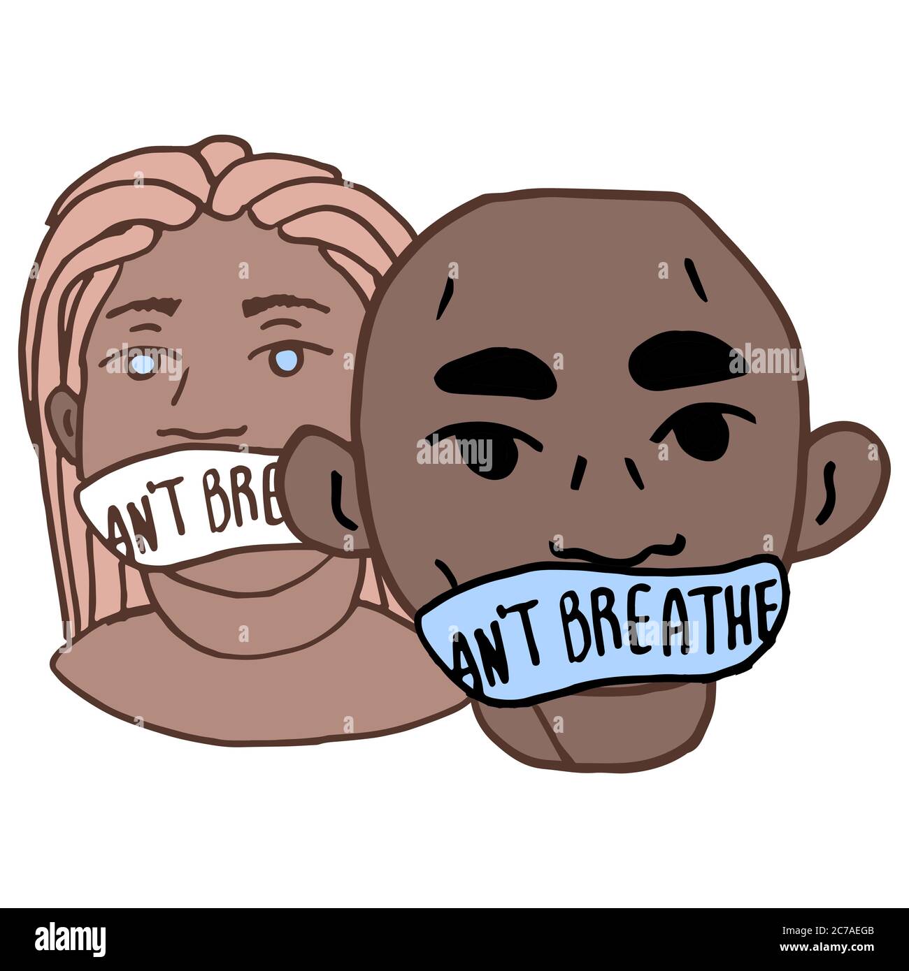 I can't breathe text on white isolated backdrop. Woman and man blm activists for invitation card, social banner, news blog, flyer. Phone case or cloth Stock Photo