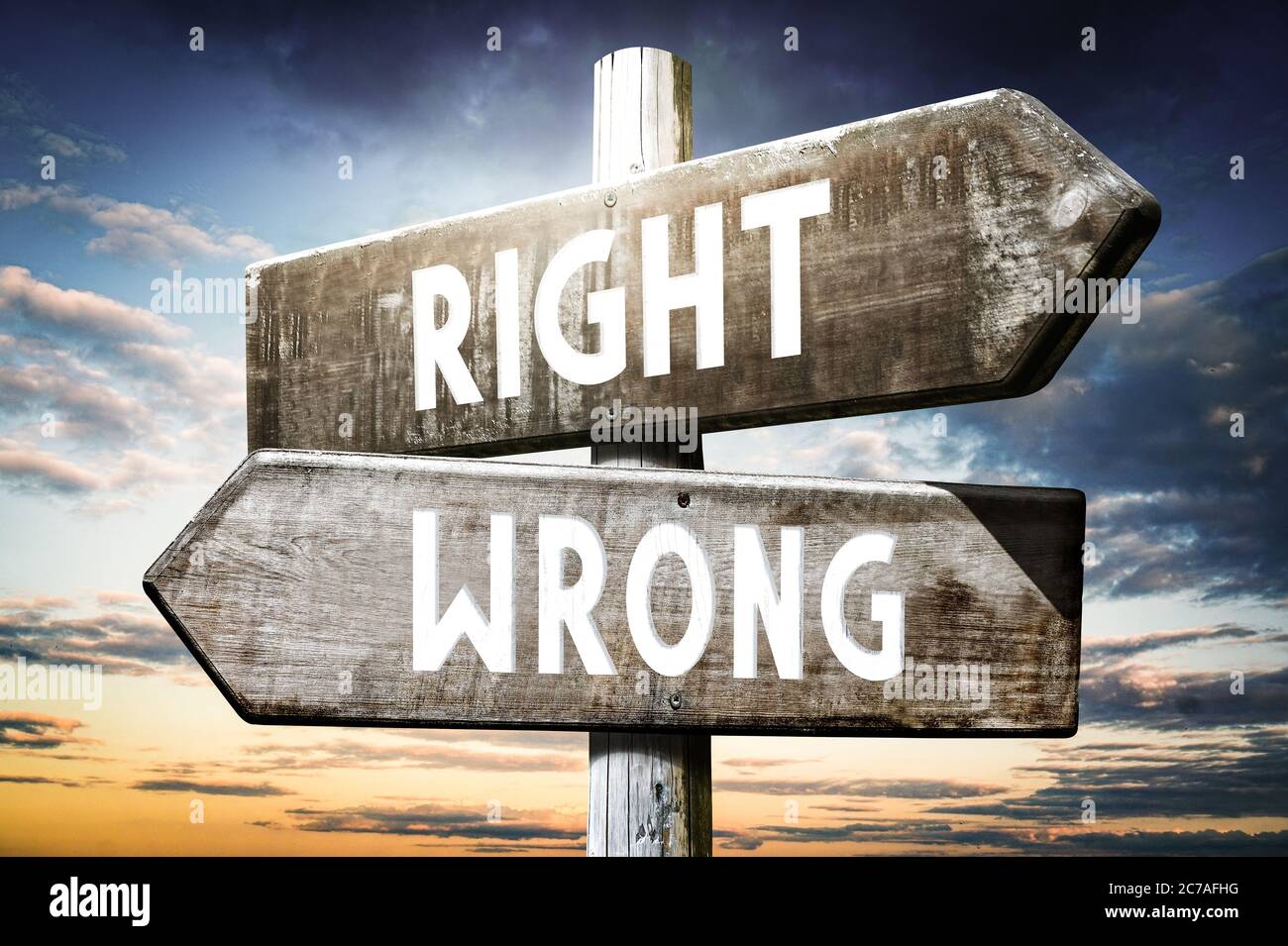 Right, wrong - wooden signpost, roadsign with two arrows Stock Photo ...