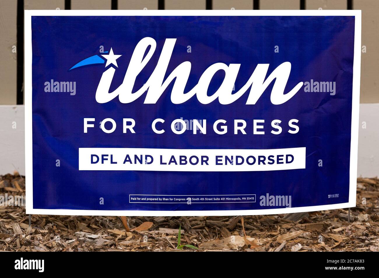 Yard sign for DFL endorsed democrat Ilhan Omar for United States Congress for the Minnesota 5th Congressional District in Minneapolis, Minnesota Stock Photo