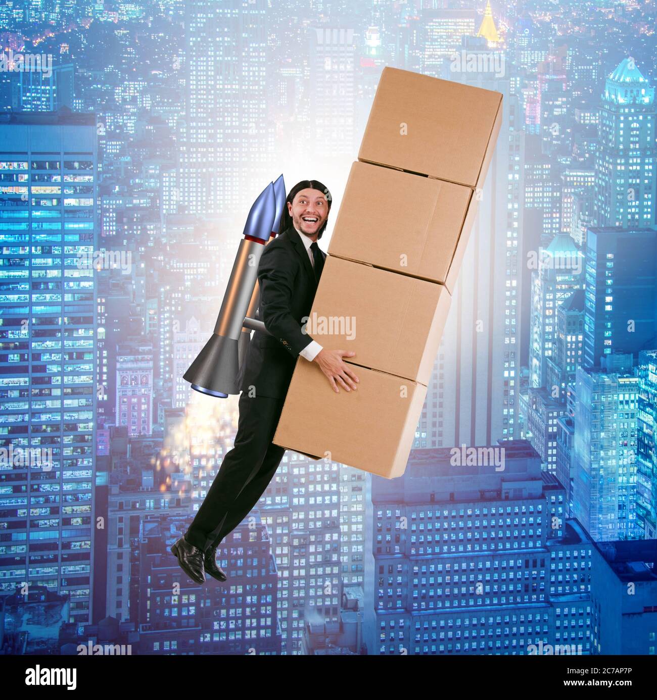 The businessman with jetpack delivering boxes globally Stock Photo - Alamy