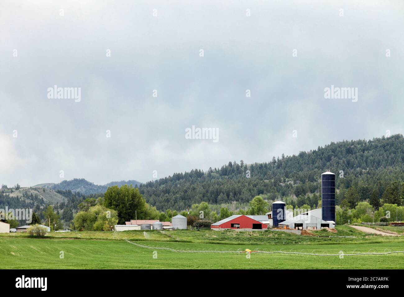 An ground view of the buildings and fields at an Idaho dairy farm Stock
