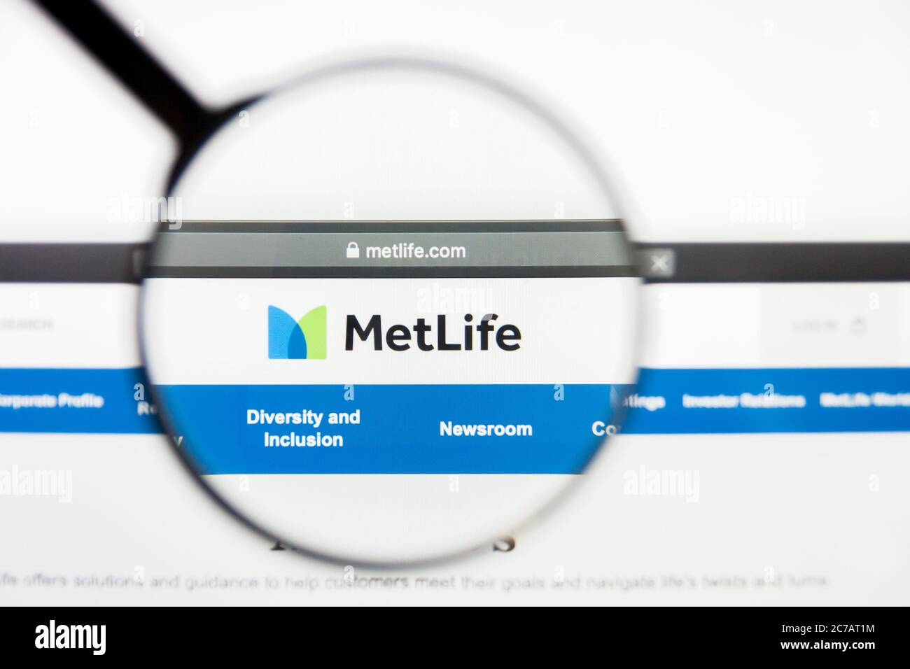Los Angeles, California, USA - 10 March 2019: Illustrative Editorial, MetLife website homepage. MetLife logo visible on display screen Stock Photo