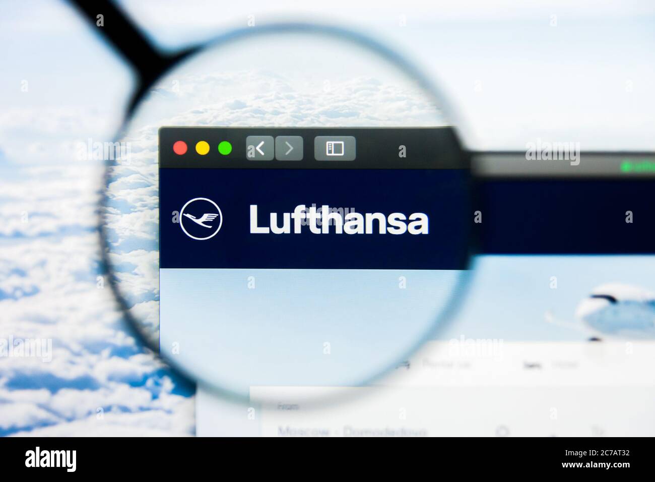 Los Angeles, California, USA - 21 March 2019: Illustrative Editorial of Lufthansa website homepage. Lufthansa logo visible on display screen. Stock Photo