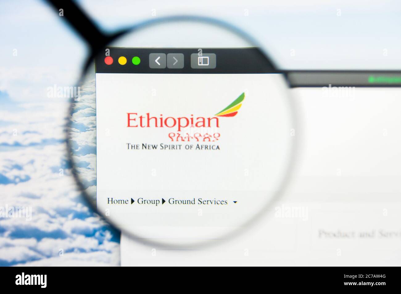 Los Angeles, California, USA - 21 March 2019: Illustrative Editorial of Ethiopian Airlines website homepage. Ethiopian Airlines logo visible on Stock Photo