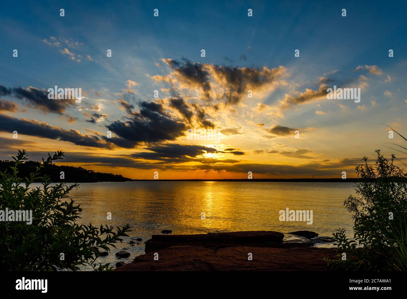 Sunset at the south dam area of Thunderbird lake. Stock Photo