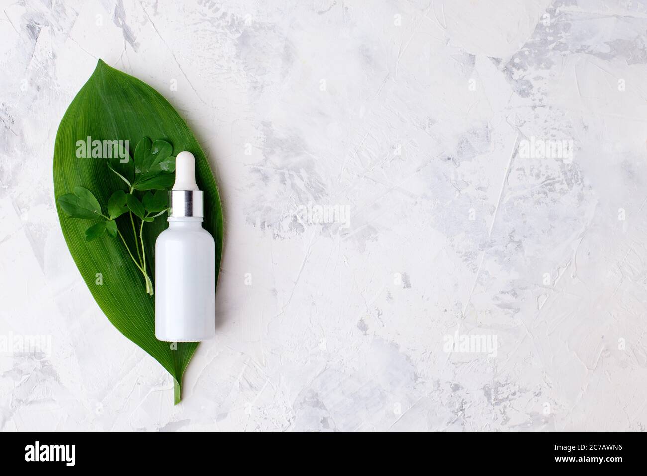 Anti aging serum in glass bottle with dropper and plants on white background. Facial liquid serum with collagen and peptides. Skincare essence for bea Stock Photo