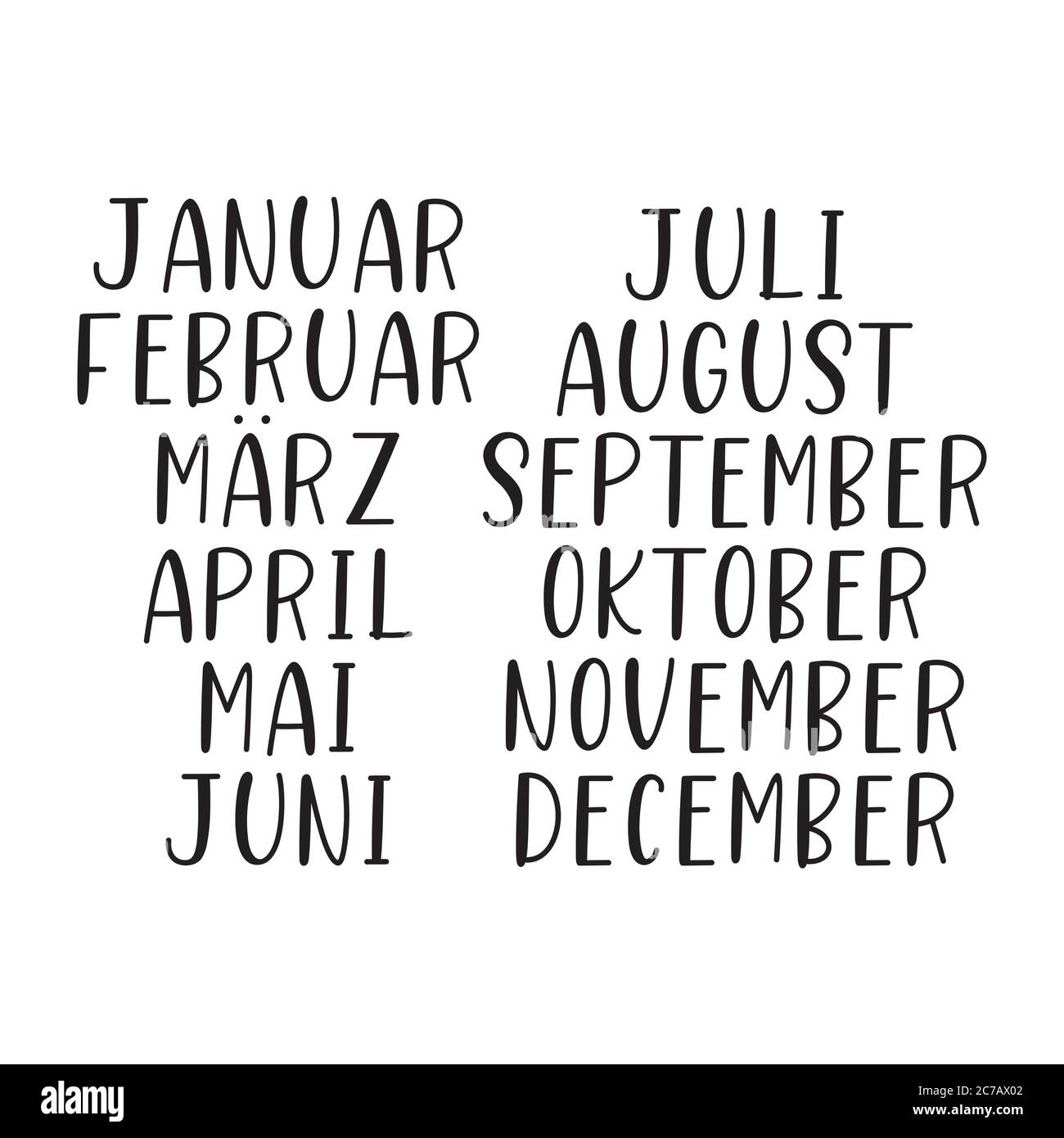 Hand Lettered Months Set in German. Translated January, February, March, April, May, June, July