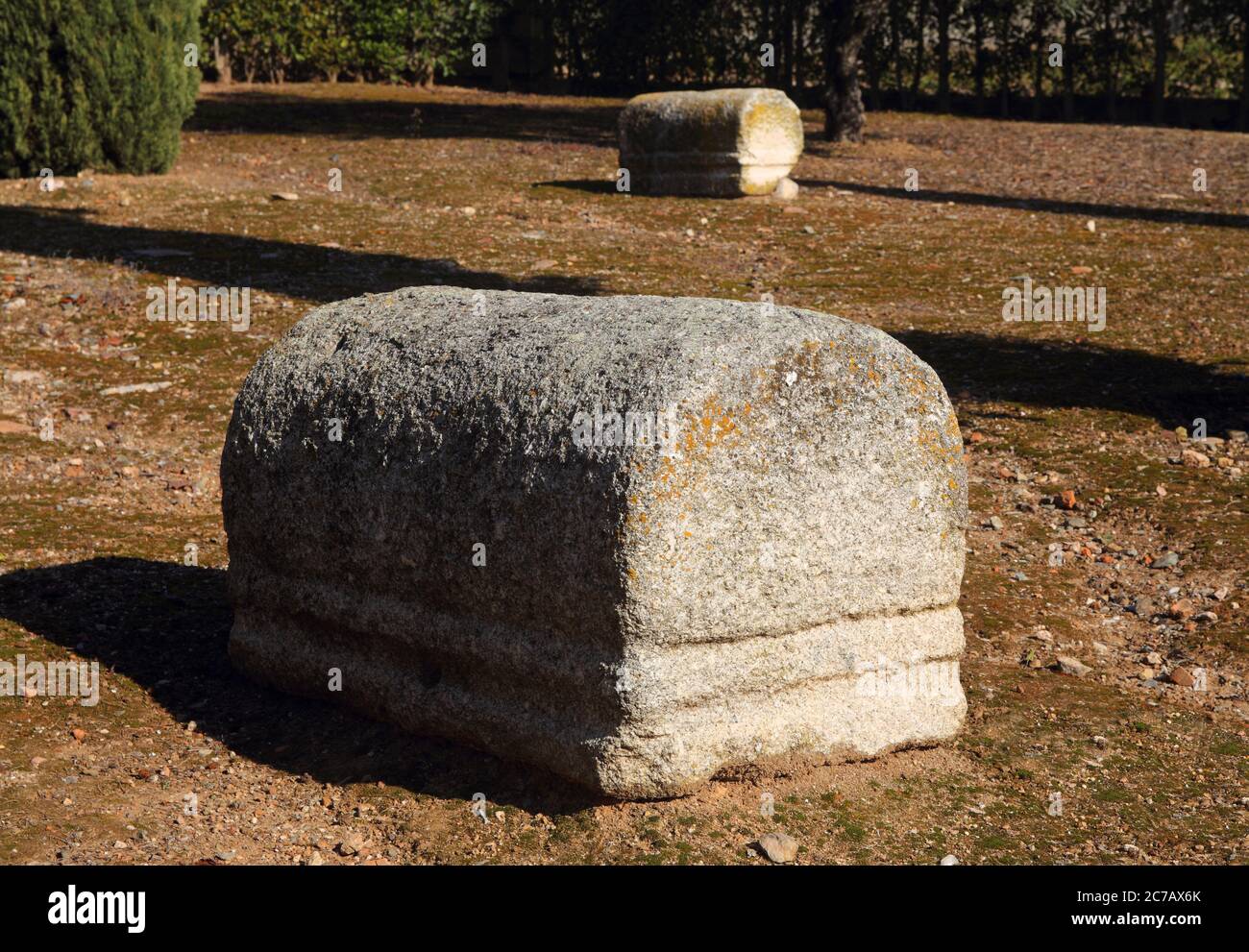 Merida, Badajoz Province, Extremadura, Spain. Granite tombstone or sarcophagus in the Roman archaeological site. UNESCO World Heritage Site. Stock Photo