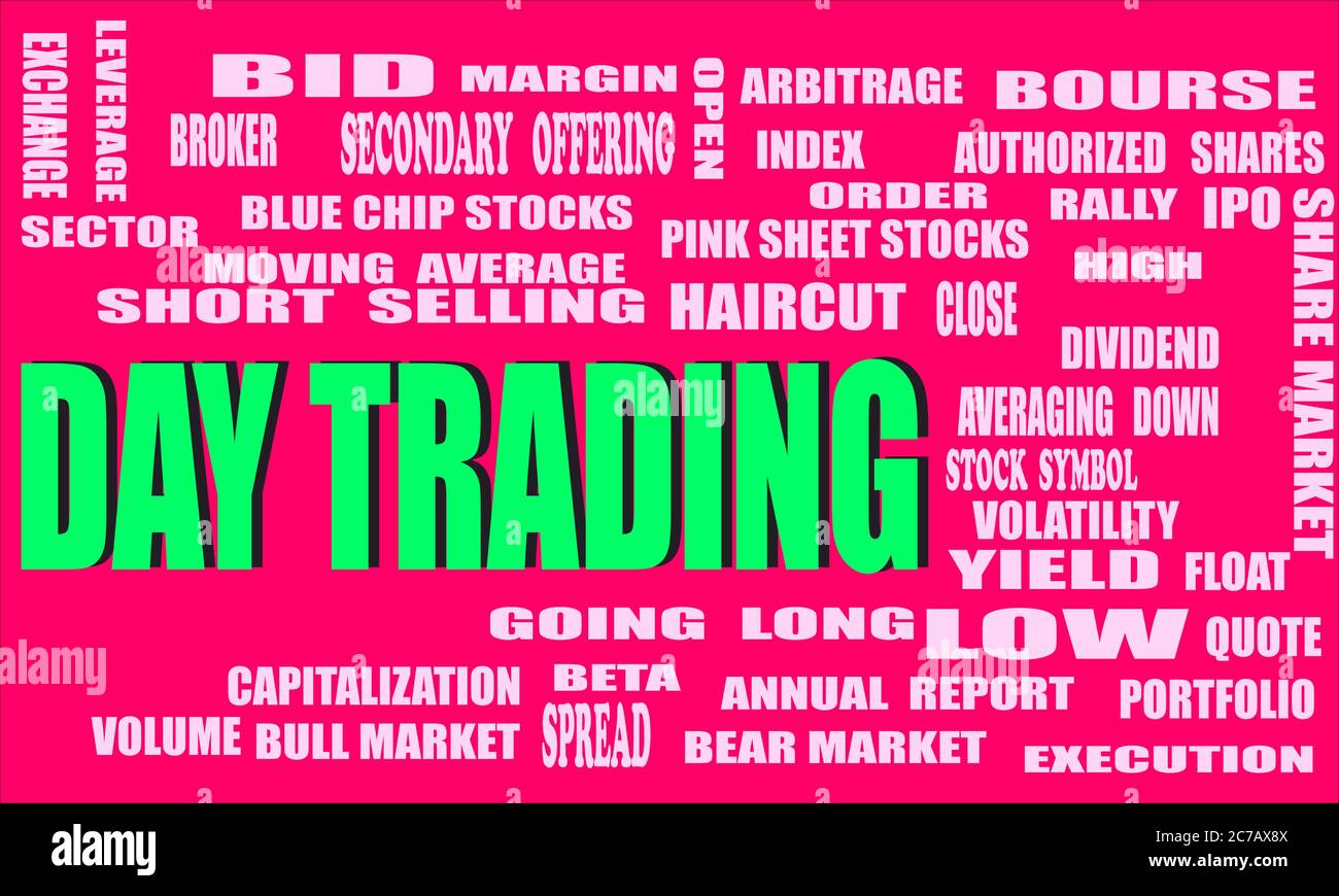 Day Trading A share market related terminology presented with 3d word cloud vector illustration. Stock Vector