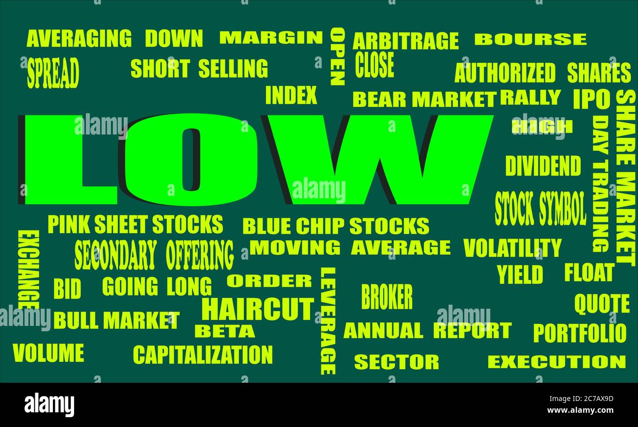 Low A share market related terminology presented with 3d word cloud vector illustration. Stock Vector