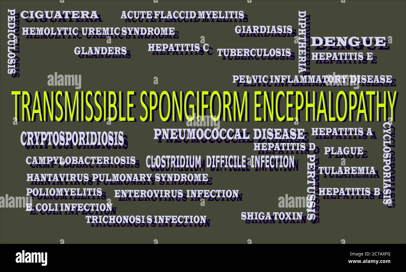 Transmissible spongiform encephalopathy Infected disease name highlighted around multiple medical terminology word cloud abstract. Stock Vector