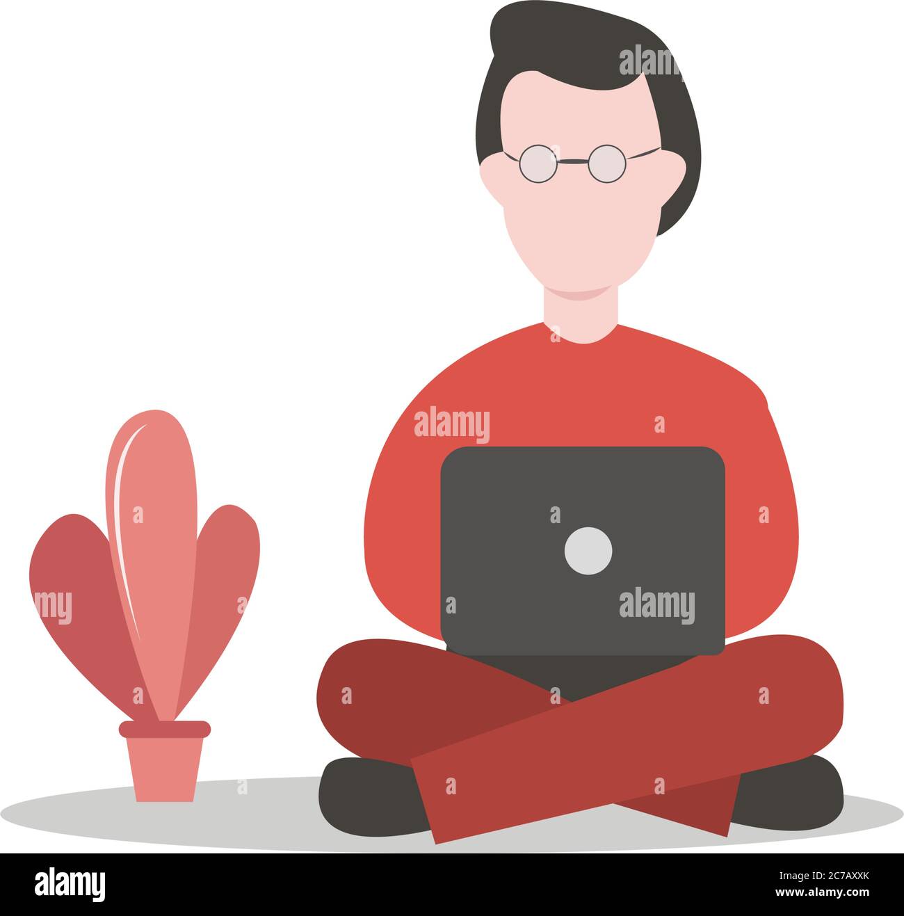 Man in eyeglasses sitting on the floor and working on laptop Stock Vector