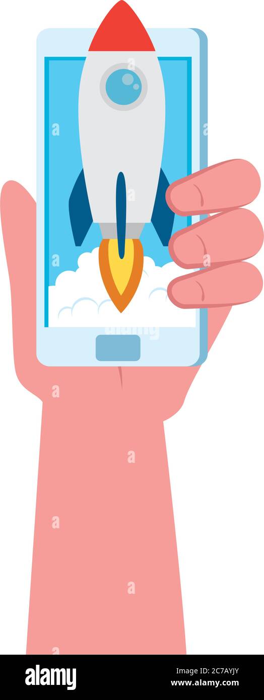 hand holding smartphone with start up rocket vector design Stock Vector ...