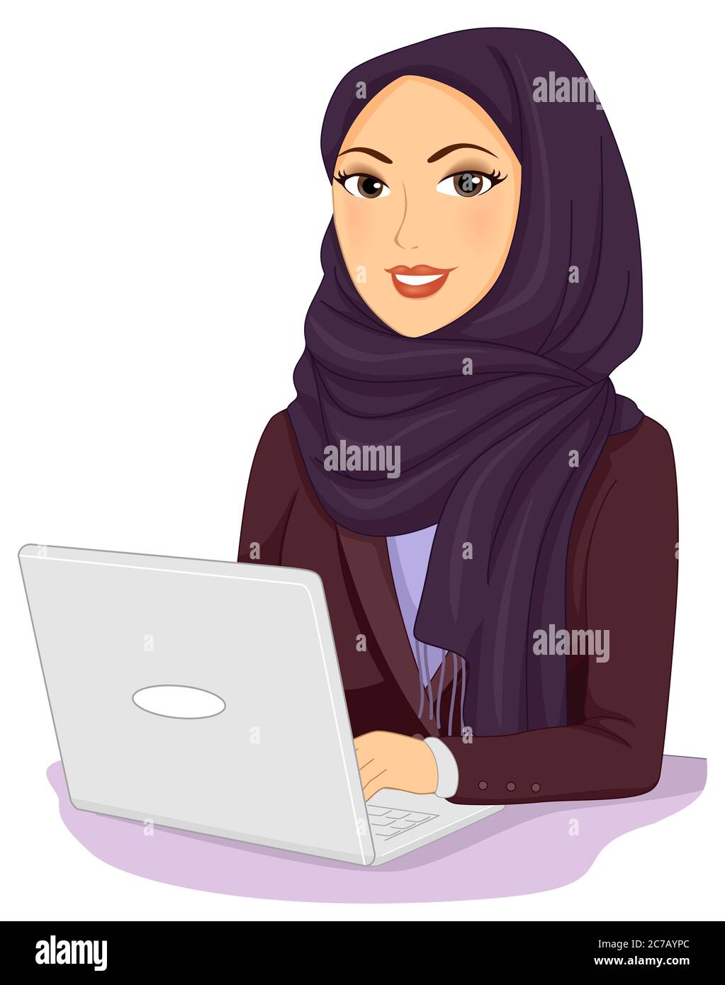 Illustration of a Girl Wearing Hijab and Business Attire Using Laptop Stock Photo