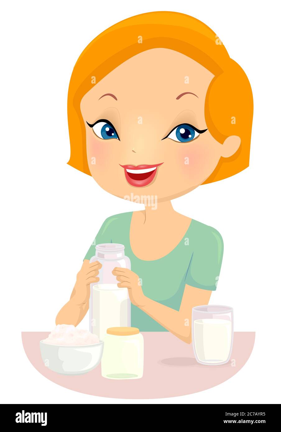 Illustration of a Girl Making Kefir at Home with Bottles, Milk and Kefir Grains Stock Photo