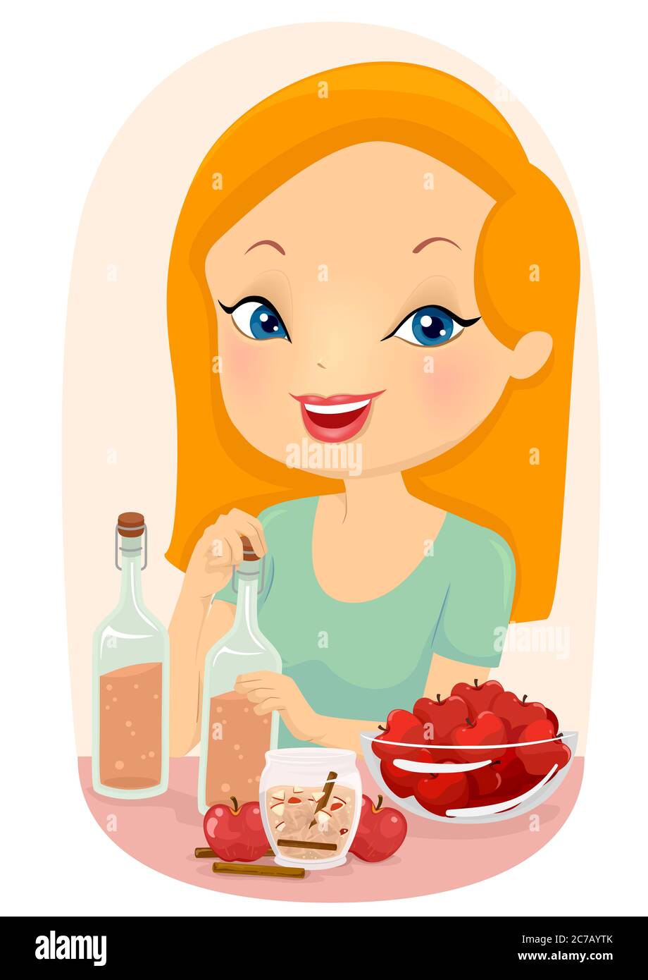 Illustration of a Girl Making Apple Cider Juice with Apple Cider
