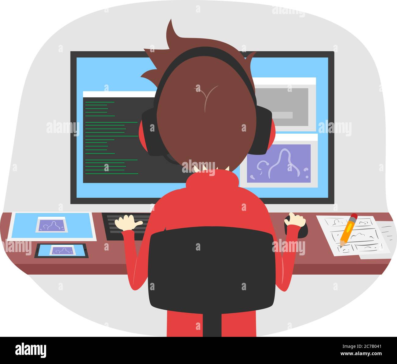 Illustration of a Programming Man Sitting Down On His Computer and ...