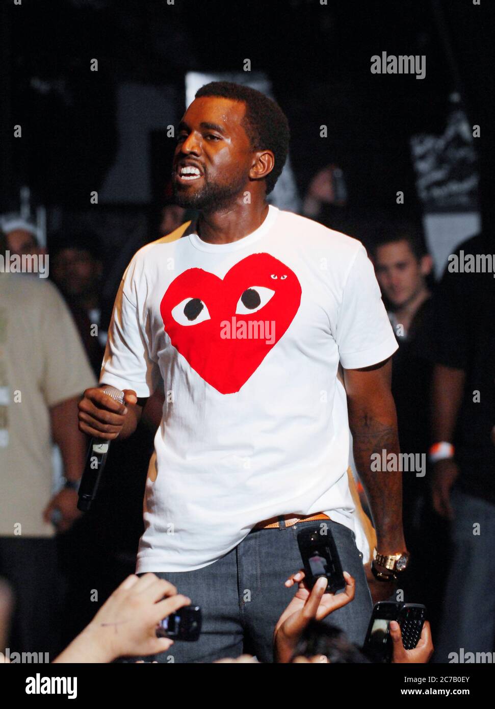 Rapper Kanye West performs (wearing Comme des Garçons t-shirt) at a myspace  show at the Key Club on October 3, 2008 in Hollywood, California. Credit:  Jared Milgrim/The Photo Access Stock Photo -