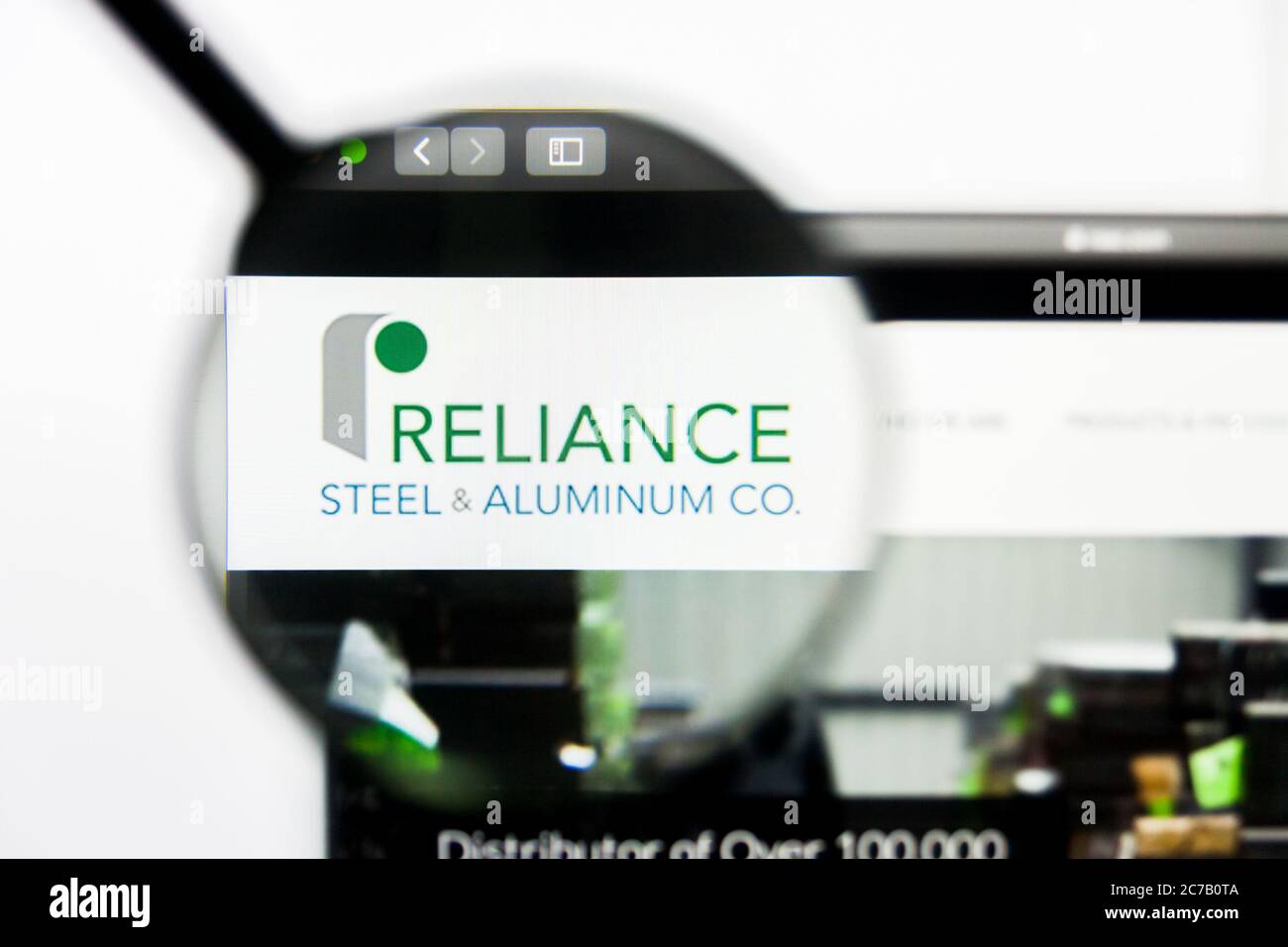 Los Angeles, California, USA - 23 March 2019: Illustrative Editorial of Reliance Steel website homepage. Reliance Steel logo visible on display screen Stock Photo