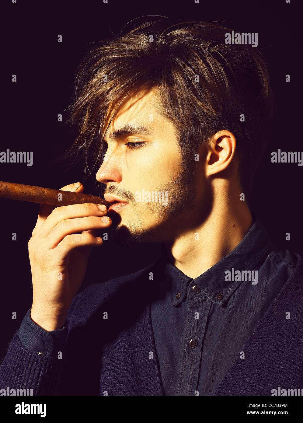 Handsome Bearded Man Portrait In Blue Shirt With Stylish Hair On Serious Face Smoking Cigar In 8744