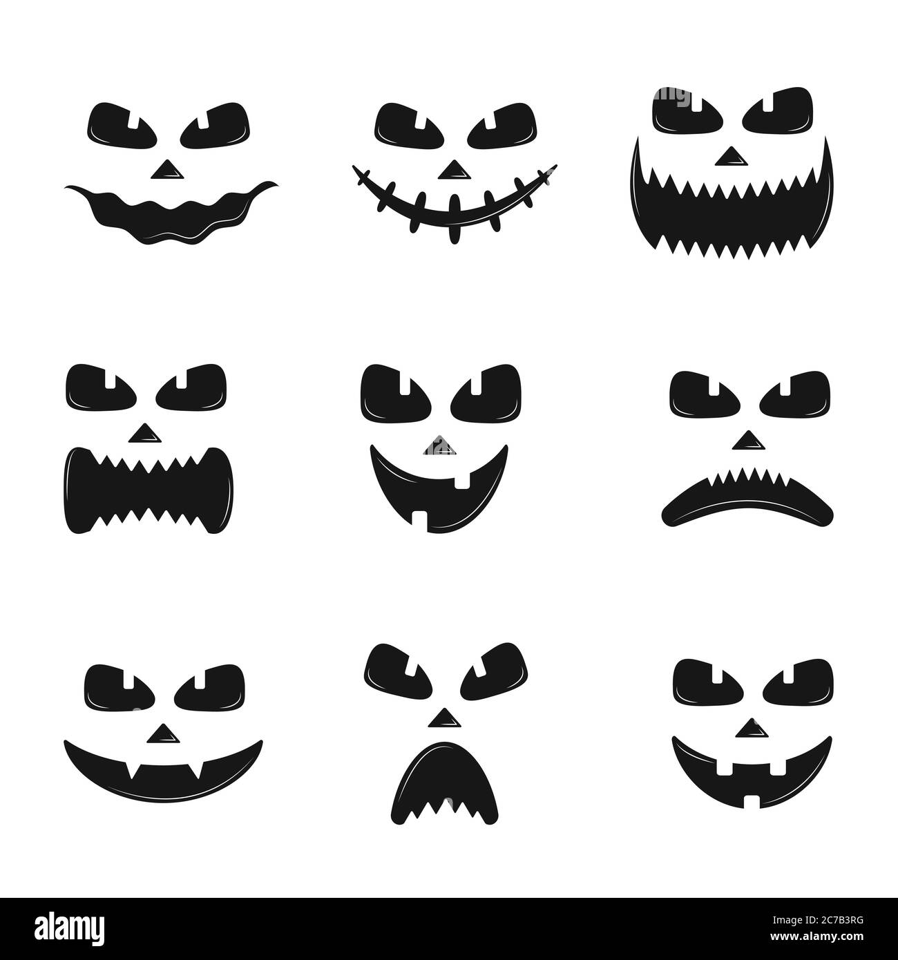 Set of pumpkin faces silhouette icons for Halloween isolated on white background. Scary pumpkin devil smile, spooky jack o lanter. Vector illustration Stock Vector