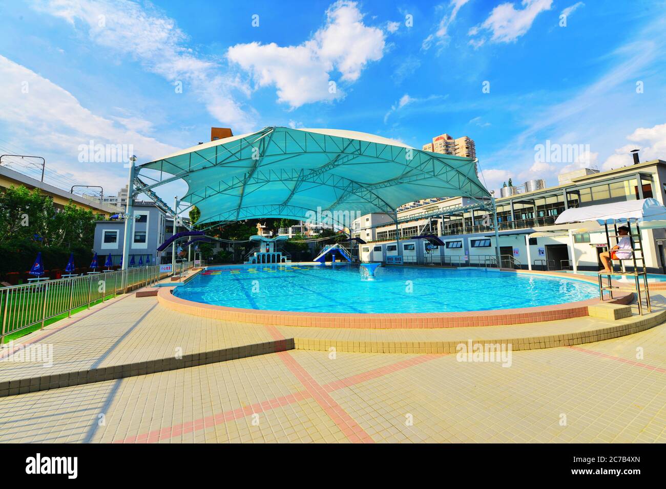 July 16, 2020, Shanghai, Shanghai, China: ShanghaiÃ¯Â¼Å'CHINA-Hongkou Swimming Pool, the oldest swimming pool in Shanghai, reopened on July 13 after a series of renovations. Hongkou swimming pool was founded in 1922, the eastern jiangwan road 500, east of one hundred, lu xun park, south reliance modern hongkou football stadium, has a history of 98 years, is the earliest open in Shanghai public swimming pool, after nearly hundred years vicissitudes of life change, as the public fitness, leisure, entertainment, summer activities, known to all, in order to make the famous old stadium continue to Stock Photo