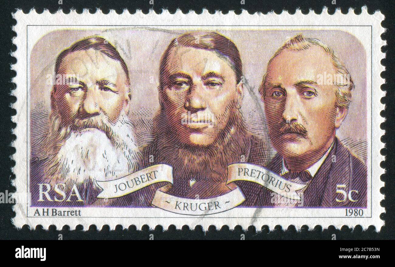 SOUTH AFRICA - CIRCA 1980: stamp printed by South Africa, shows Joubert, Paul Kruger, Pretorius, First Leaders of Triumvirate Government, circa 1980. Stock Photo