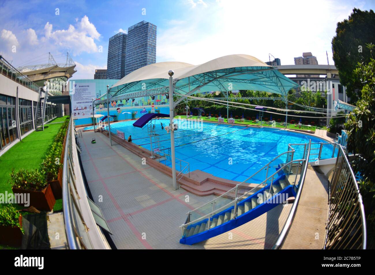 July 16, 2020, Shanghai, Shanghai, China: ShanghaiÃ¯Â¼Å'CHINA-Hongkou Swimming Pool, the oldest swimming pool in Shanghai, reopened on July 13 after a series of renovations. Hongkou swimming pool was founded in 1922, the eastern jiangwan road 500, east of one hundred, lu xun park, south reliance modern hongkou football stadium, has a history of 98 years, is the earliest open in Shanghai public swimming pool, after nearly hundred years vicissitudes of life change, as the public fitness, leisure, entertainment, summer activities, known to all, in order to make the famous old stadium continue to Stock Photo