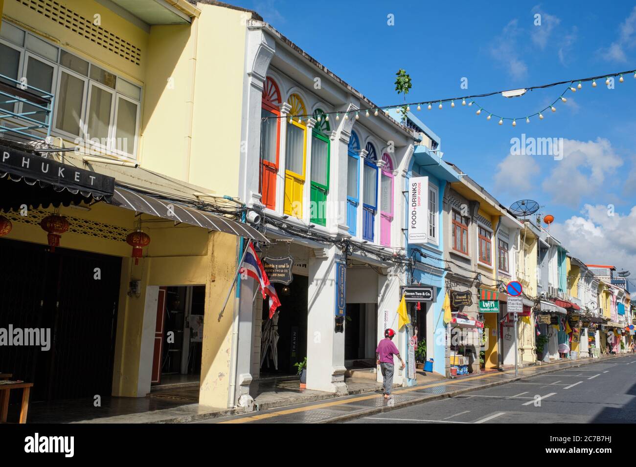 Colorful traditional Sino-Portuguese shophouses in Thalang Road in the Old Town (Chinatown) area of Phuket Town (Phuket City), Phuket, Thailand Stock Photo