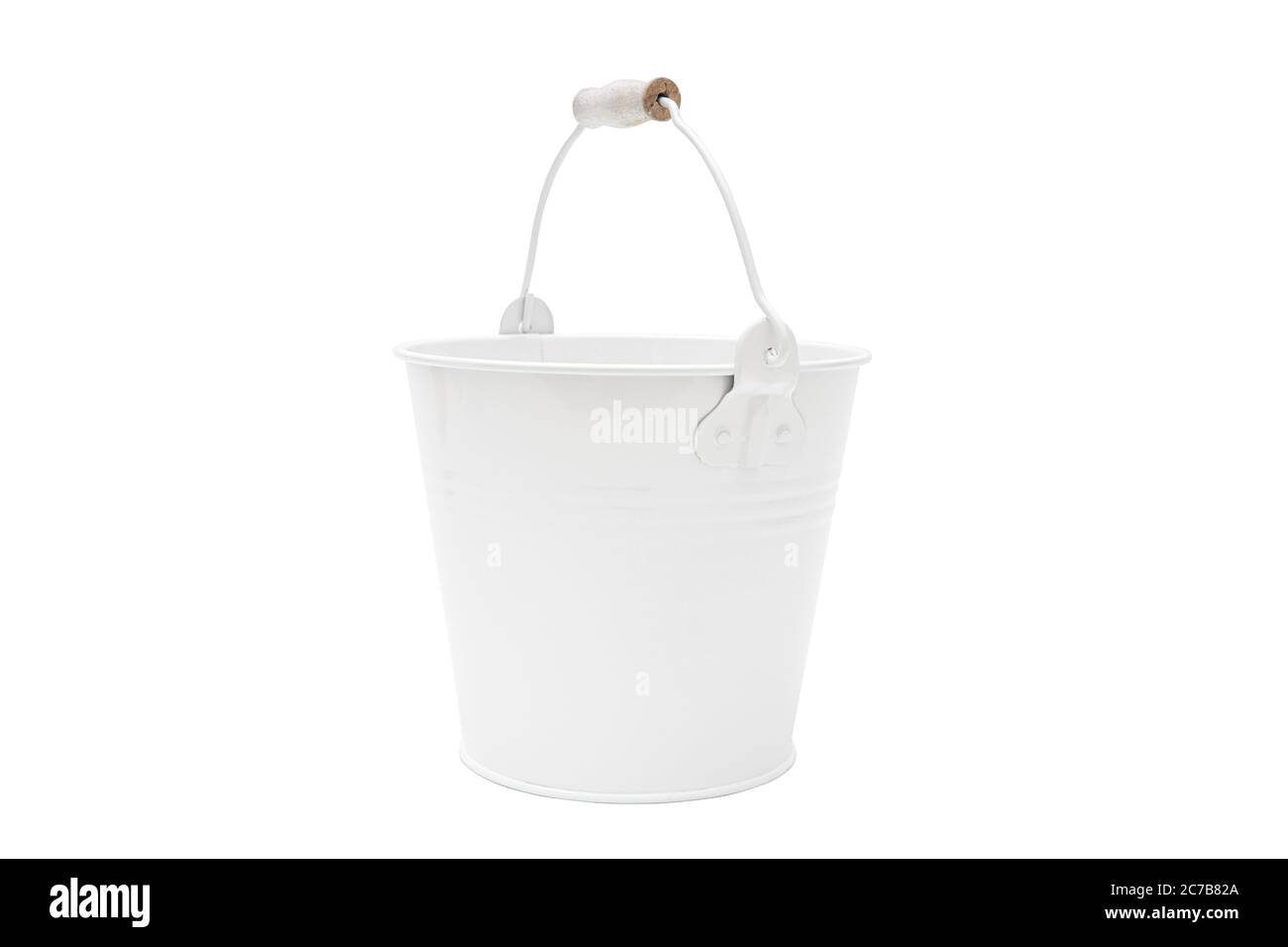 Classic white metal bucket with wood handle isolated on white background. Stock Photo