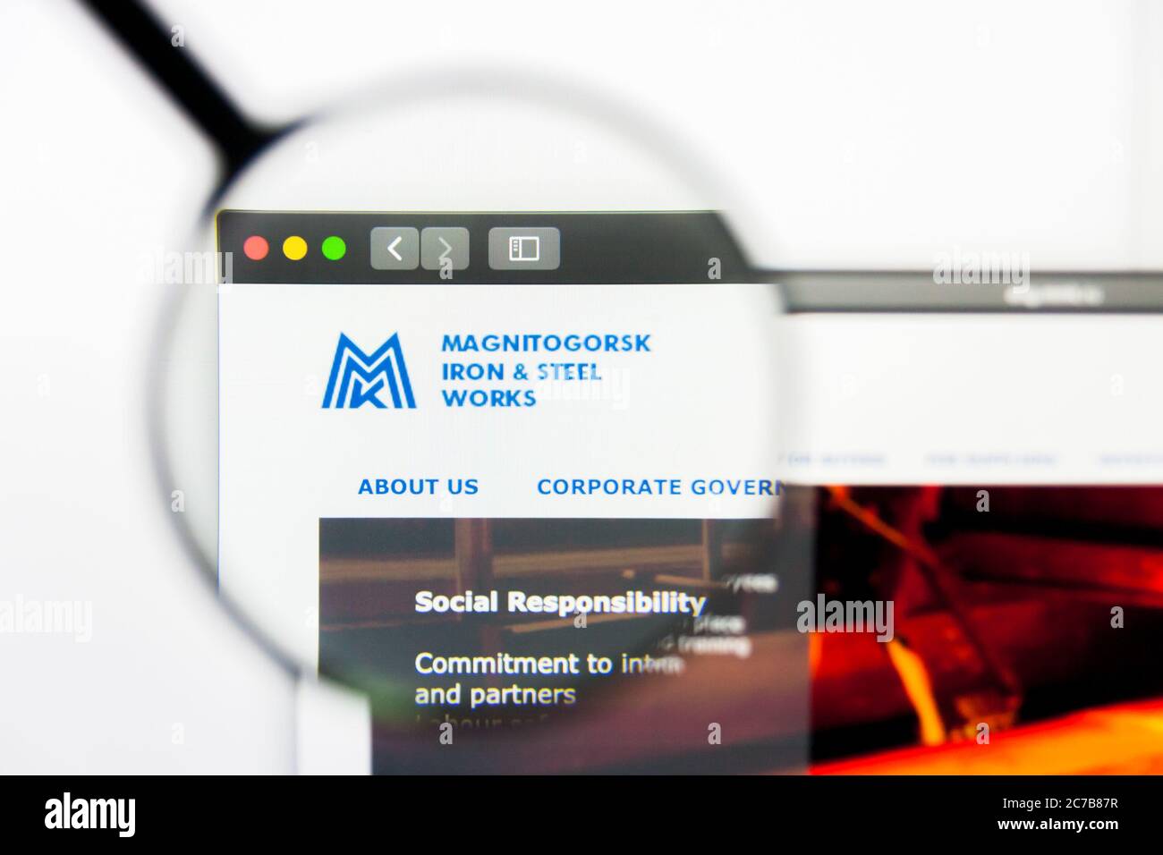Los Angeles, California, USA - 23 March 2019: Illustrative Editorial of Magnitogorsk Iron and Steel website homepage. Magnitogorsk Iron and Steel logo Stock Photo