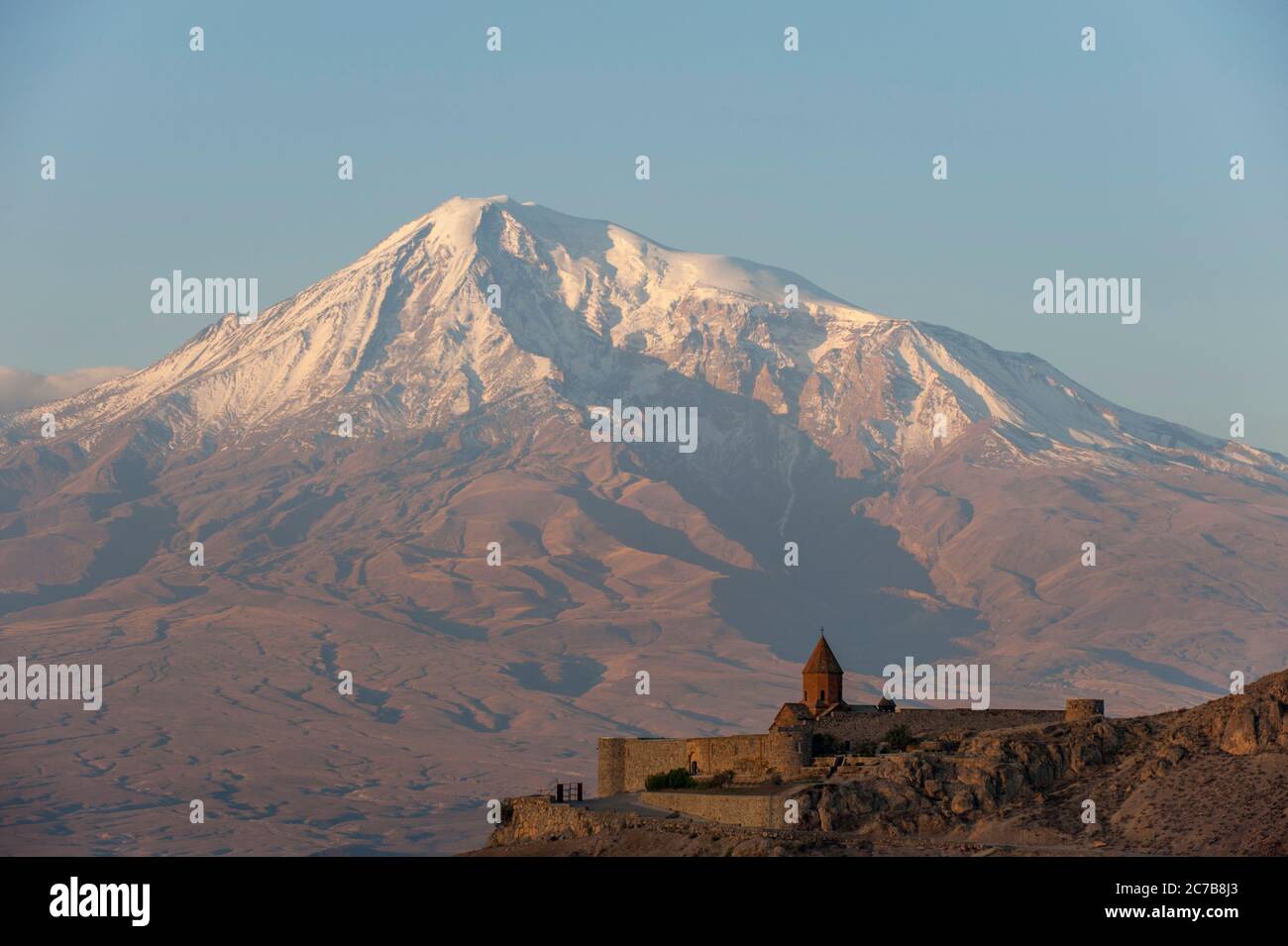 View of Mount Ararat and Khor Virap, an Armenian monastery located in