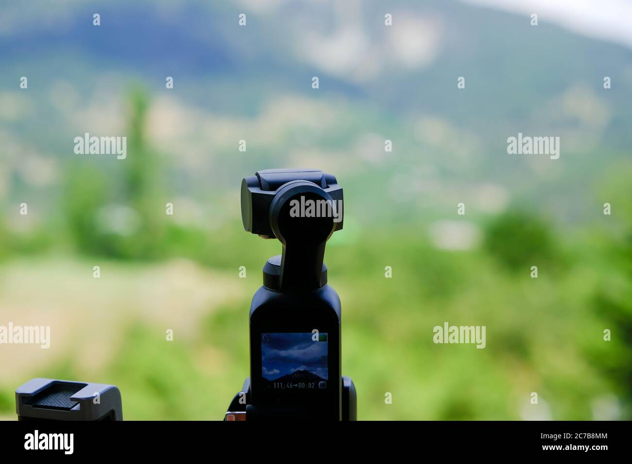 Chiang Mai, Thailand - June, 2020: DJI Osmo Pocket Camera close up. Osmo pocket is the smallest 3-axis stabilized handheld camera. Time Lapse shoot in Stock Photo