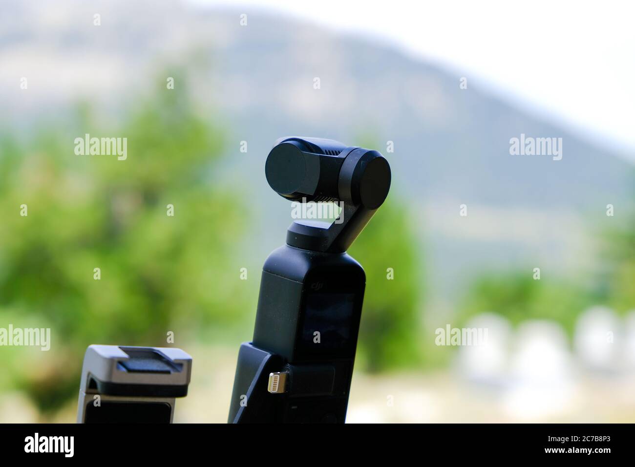 Chiang Mai, Thailand - June, 2020: DJI Osmo Pocket Camera close up. Osmo pocket is the smallest 3-axis stabilized handheld camera. Time Lapse shoot in Stock Photo