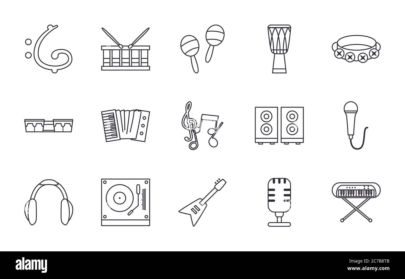 line style icon set design, Music instruments sound melody song musical