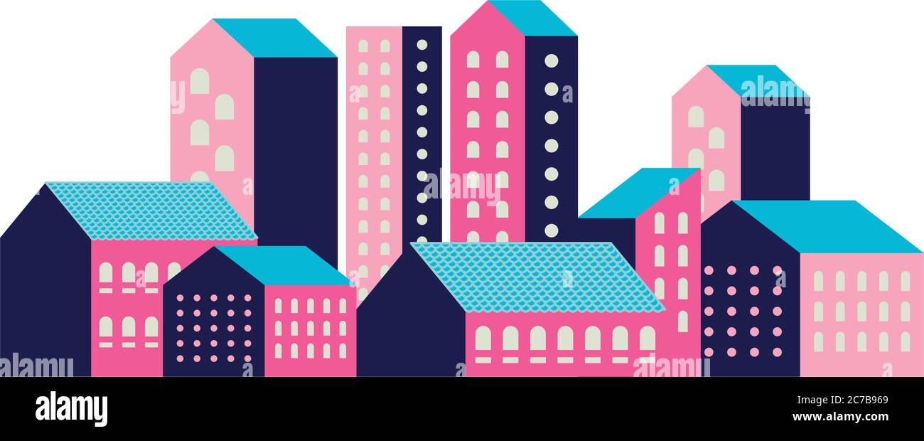 Pink and blue city buildings design, Abstract geometric architecture ...